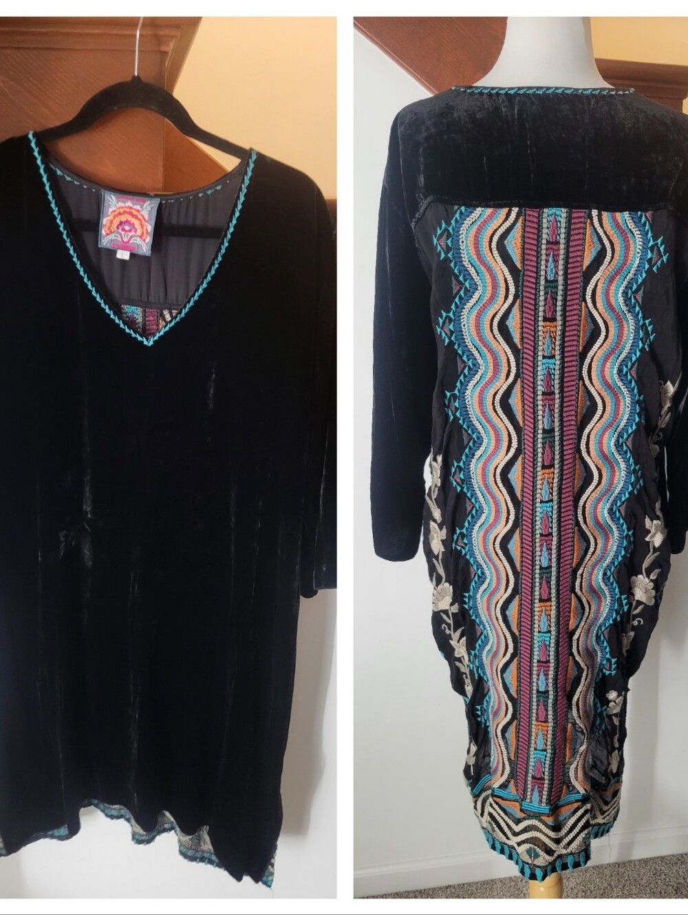 Johnny Was Black Velvet Tunic with Teal Trim Size L - Picture 3 of 9